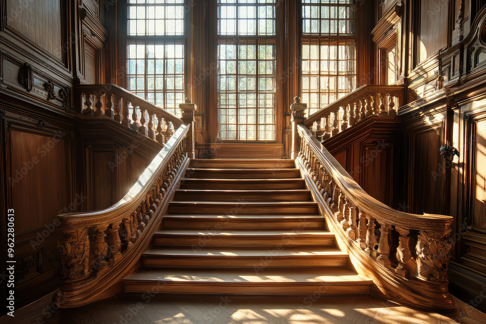 Obraz premium A grand, wooden staircase with intricate carvings, bathed in warm sunlight, leading to an unknown destination. The rich details evoke a sense of history and elegance.