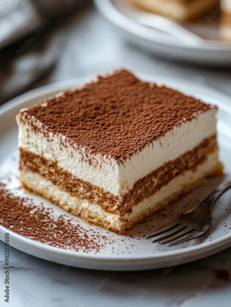 Close-up of a slice of tiramisu on a white plate. Close-up of a slice of tiramisu on a white plate.