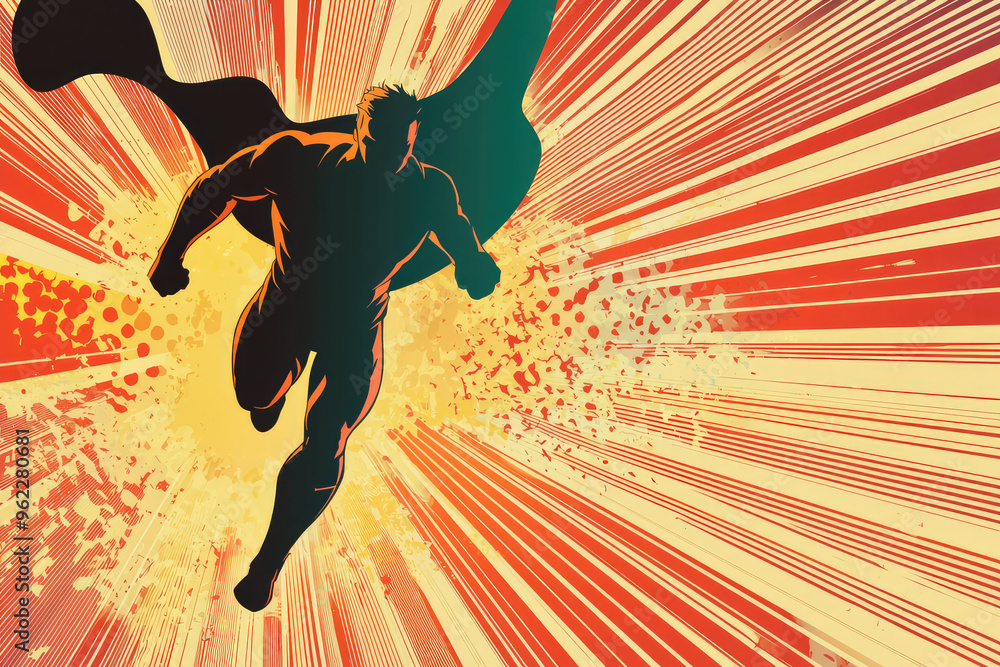 Obraz premium A Silhouette of a Hero Soaring Through a Comic Book Explosion of Color and Motion