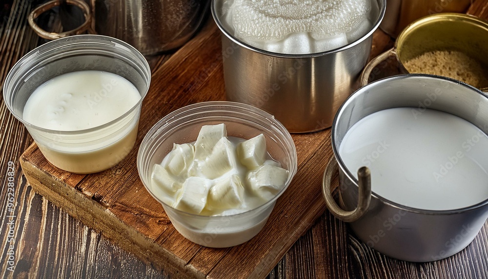 Showing the process of making yogurt and cheese from fresh milk, highlighting the use of cultures and fermentation. Showing the process of making yogurt and cheese from fresh milk, highlighting the use of cultures and fermentation.