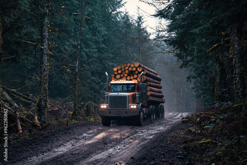 A lumbering giant, a logging truck loaded with timber, navigates a muddy forest road, its headlights piercing the mist.  photo