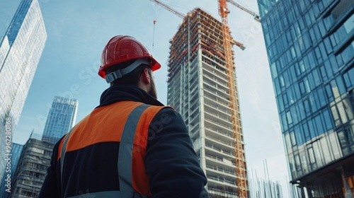 construction worker in a hard hat operating a crane at a busy building site, copy space