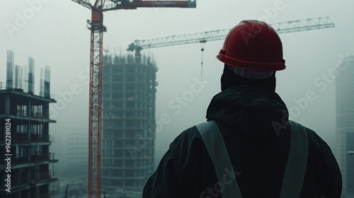 construction worker in a hard hat operating a crane at a busy building site, copy space