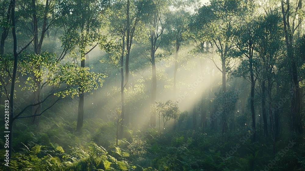 Fototapeta premium A sun-drenched forest brims with lush trees casting dappled light onto the ground below