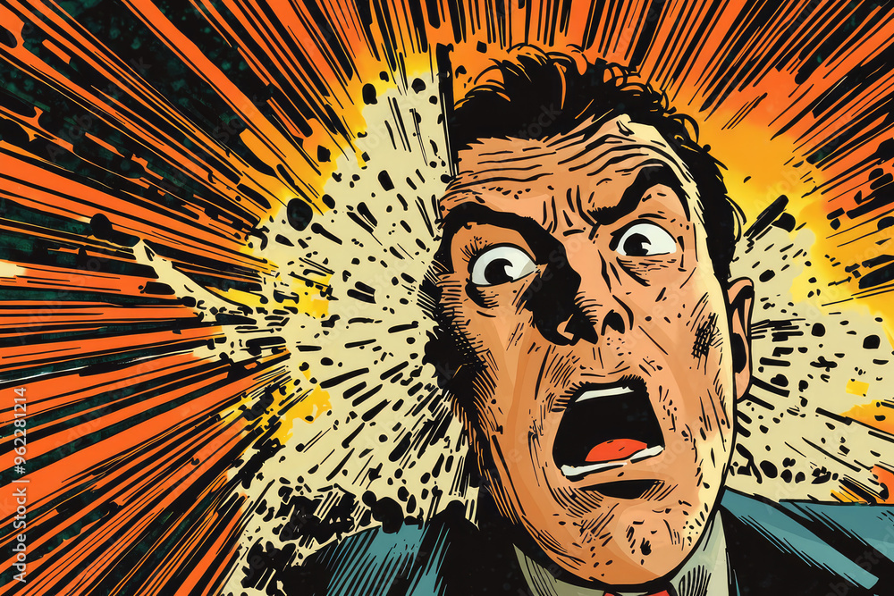 A man's face contorted in terror, engulfed by a swirling vortex of sound effects. His wide eyes and open mouth scream a silent plea for help, caught in a moment of explosive chaos. A man's face contorted in terror, engulfed by a swirling vortex of sound effects. His wide eyes and open mouth scream a silent plea for help, caught in a moment of explosive chaos.