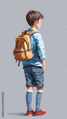 Illustration from behind of a red-haired boy with a blue backpack and striped socks