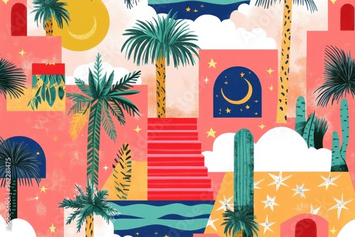 Boho pattern illustration with an oasis theme featuring palm trees, vibrant colors, and abstract desert elements capturing a whimsical night scene with crescent moon and clouds. photo