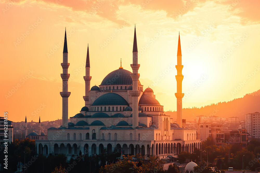 Obraz premium A Majestic Mosque Bathed in the Golden Glow of Sunset