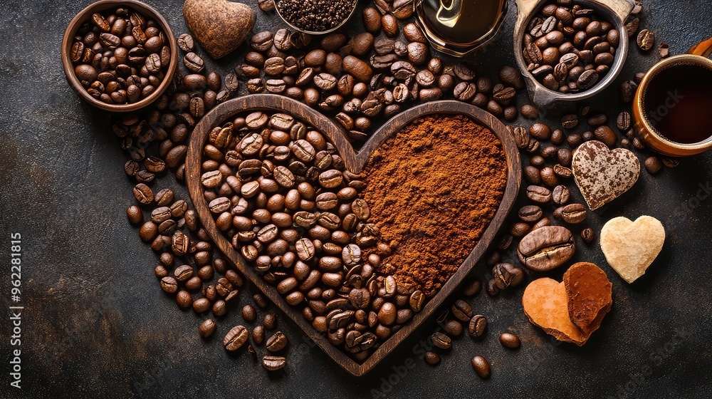 Heart-Shaped Arrangement of Coffee Beans and Various Coffee-Related Items on a Dark Background Heart-Shaped Arrangement of Coffee Beans and Various Coffee-Related Items on a Dark Background