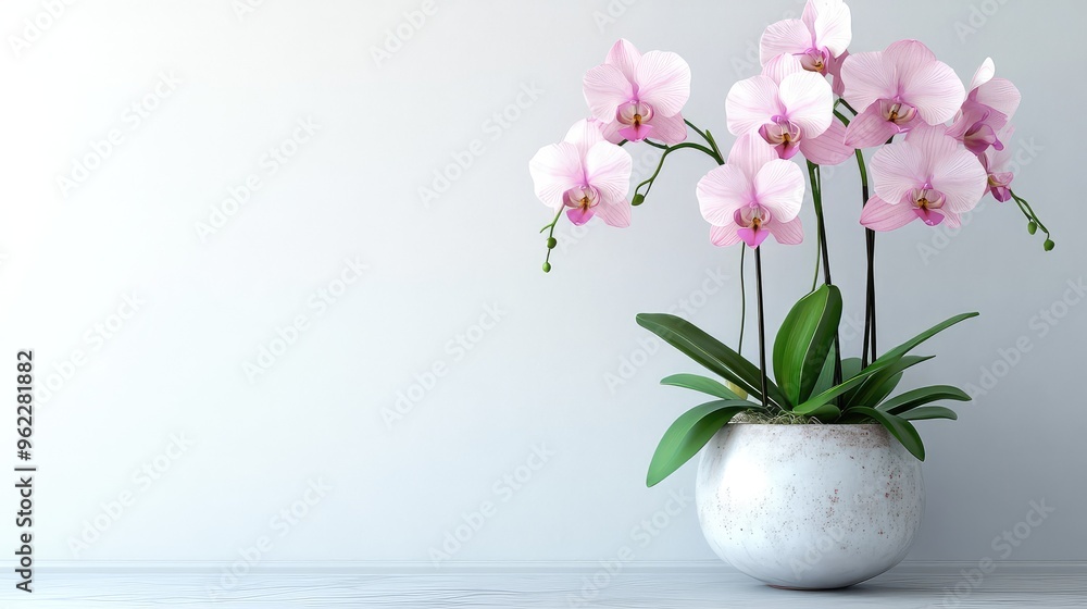 Elegant Orchids in a Ceramic Pot Against a Pristine White Wall Background Elegant Orchids in a Ceramic Pot Against a Pristine White Wall Background