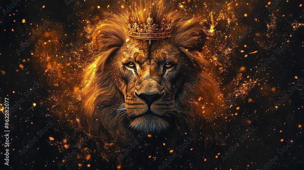 Naklejka premium Majestic Stylized Lion with Crown on Dark Background Featuring Abstract Golden Splatter Patterns