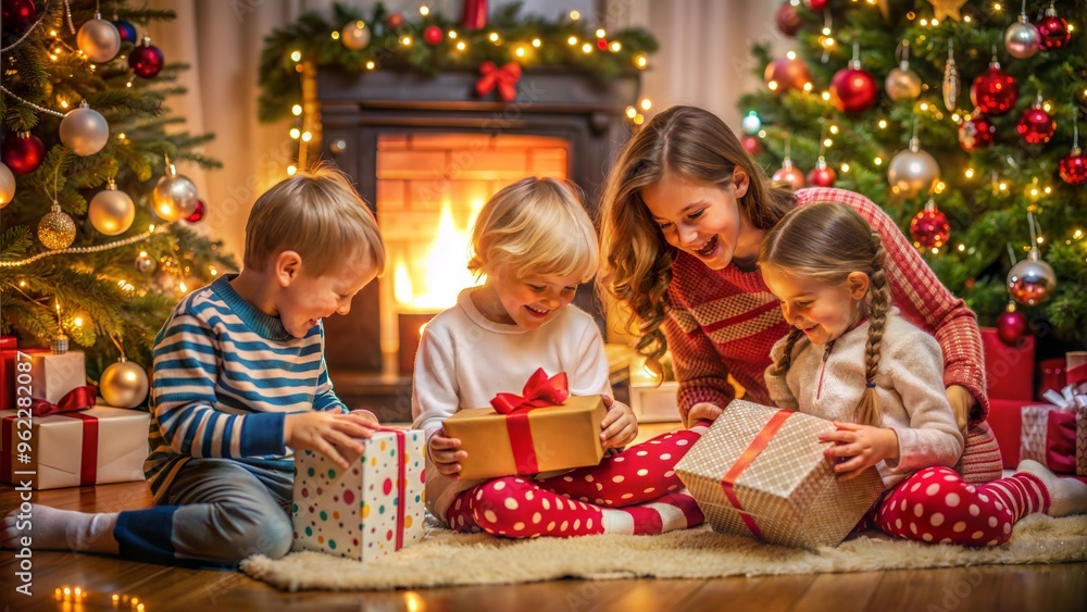 Family Unwrapping Christmas Presents by the Fireplace Family Unwrapping Christmas Presents by the Fireplace