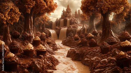 A fantasy chocolate forest with chocolate trees, flowing rivers of chocolate, and giant cupcake mountains leading to a distant chocolate castle under a golden sky.