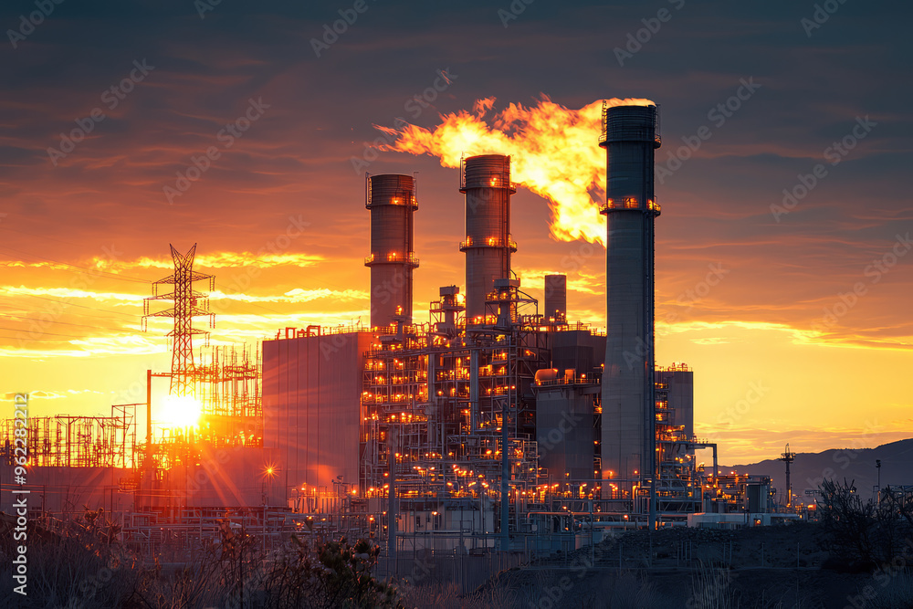 A fiery sunrise casts an orange glow over a towering industrial power plant, a stark reminder of our dependence on fossil fuels. A fiery sunrise casts an orange glow over a towering industrial power plant, a stark reminder of our dependence on fossil fuels.