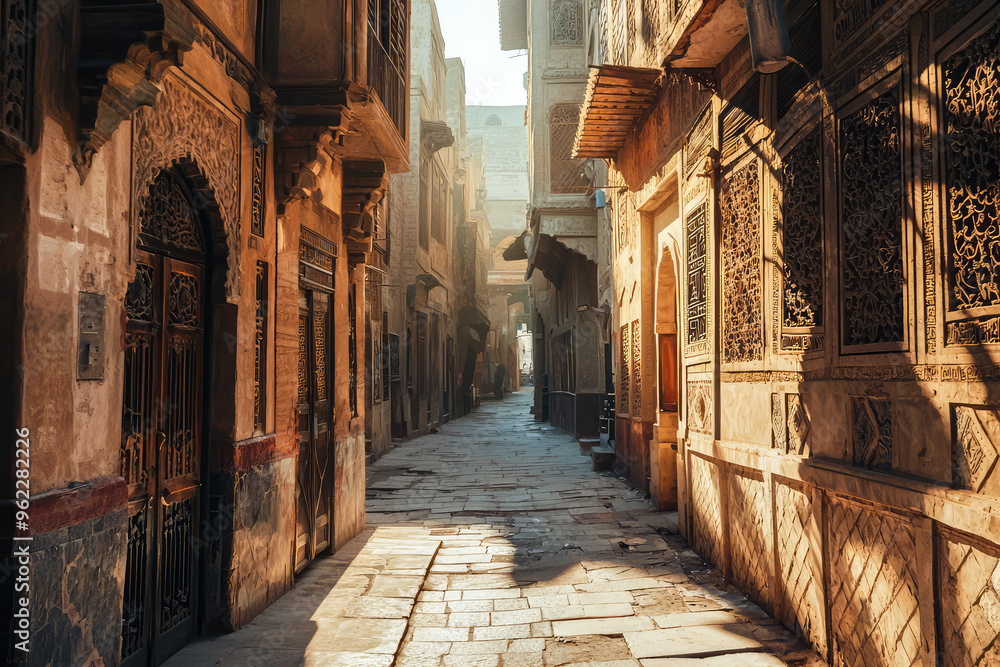 Fototapeta premium A Glimpse into Tradition: Sunbeams illuminate a quiet alleyway in a traditional Muslim neighborhood.