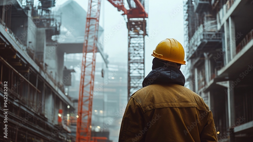 A construction worker in a hard hat operating a crane at a busy building site, copy space A construction worker in a hard hat operating a crane at a busy building site, copy space