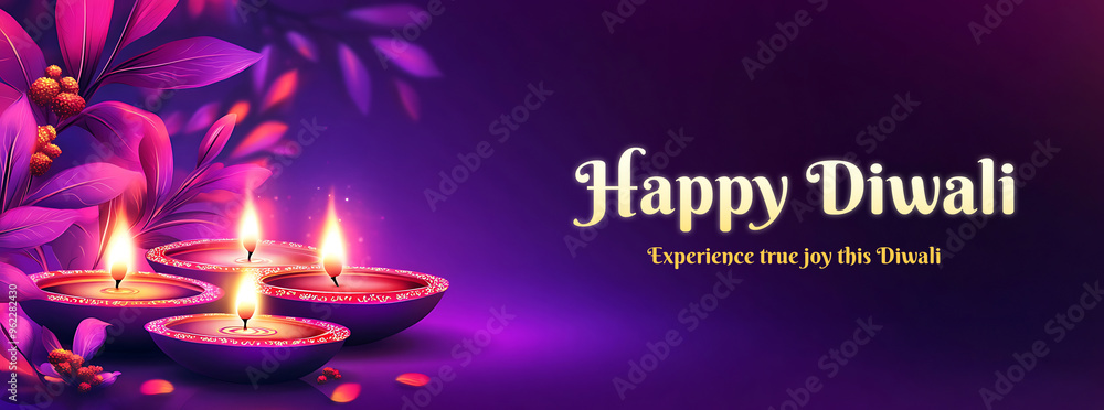 Diwali Celebration Glowing Oil Lamps Illuminated Diya Vibrant Flowers Festive Banner Golden Text Dark Background Ornate Floral Decorations Traditional Indian Festival Colorful Lighting