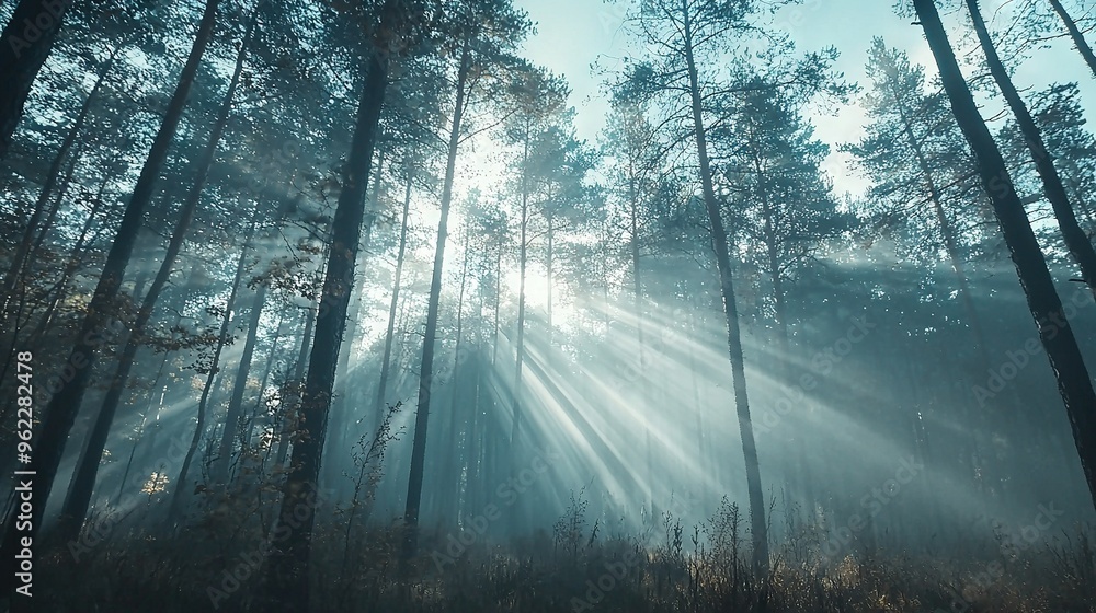 Naklejka premium A dense woodland brimming with towering trunks bathed in golden rays filtering through the leafy foliage, shrouded by mist on a hazy day