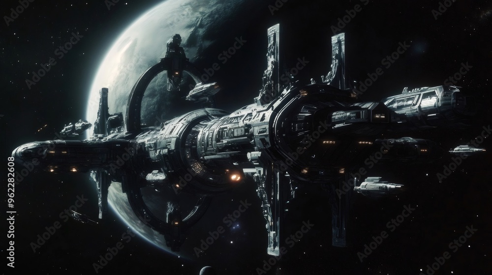 Futuristic spaceship orbiting a distant planet with a blue atmosphere. Futuristic spaceship orbiting a distant planet with a blue atmosphere.