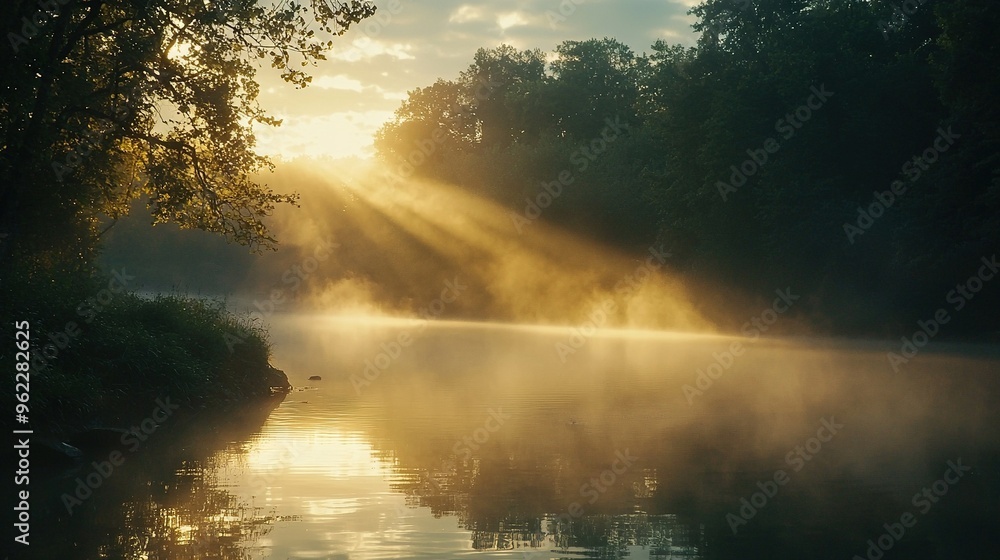 Fototapeta premium Misty luminous water surrounded by tree background