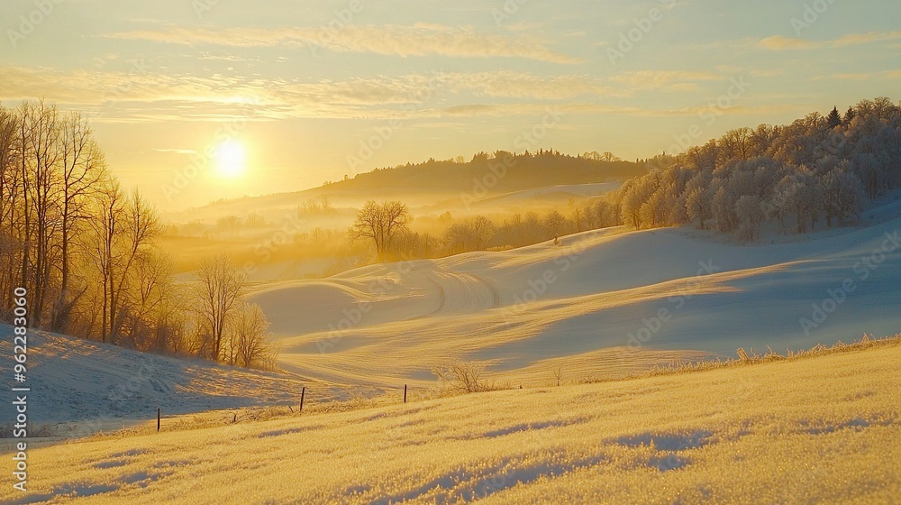 Sunset on a snowy hill with trees and fence in view Sunset on a snowy hill with trees and fence in view