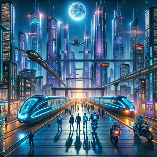 Futuristic cities with beautiful architecture and designed with high technology with robots, flying cars, displays, very beautiful #962283262