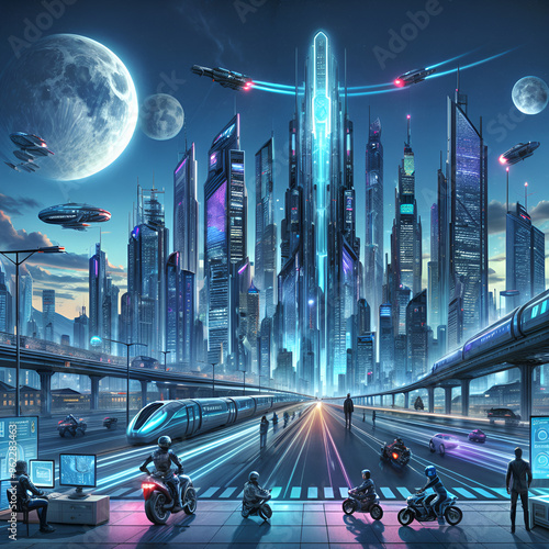 Futuristic cities with beautiful architecture and designed with high technology with robots, flying cars, displays, very beautiful #962283463