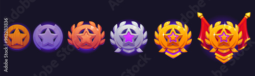 Game level star badge, rank heraldic medal progression from wooden, metal and bronze to silver, golden and platinum. Cartoon vector gui elements for medieval rpg game or app, player achievement trophy