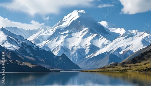 A majestic snowy mountain stands by the lake. The snow-covered mountain top contrasts with the tranquil lake water, showing the magnificent beauty of nature.