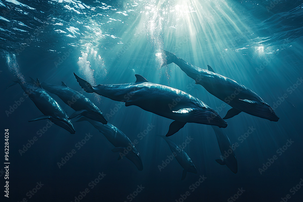 Fototapeta premium A symphony of movement: A pod of whales gracefully glides through the sunlit depths of the ocean, their sleek forms illuminating the blue abyss.