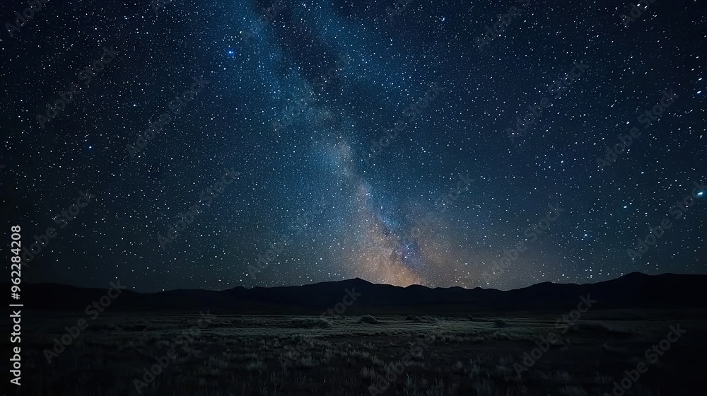 A stunning image of the night sky featuring the Milky Way with distant mountains and an abundance of sparkling stars A stunning image of the night sky featuring the Milky Way with distant mountains and an abundance of sparkling stars