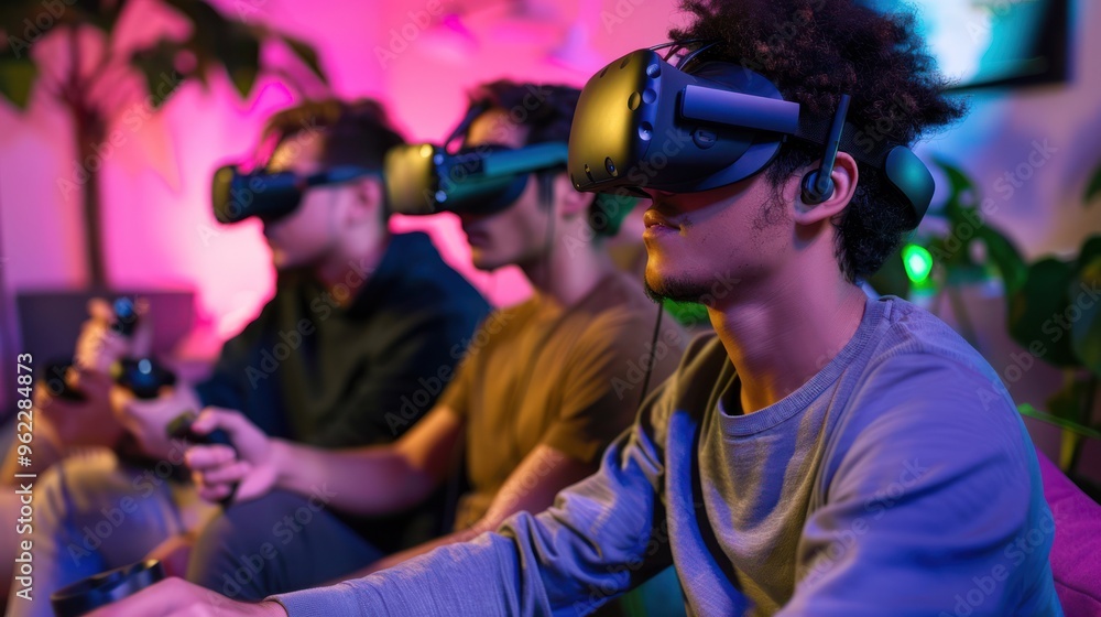 Friends enjoying a virtual reality gaming experience Friends enjoying a virtual reality gaming experience
