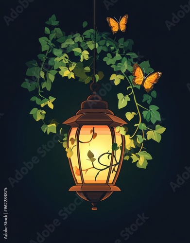 Hanging lantern with glowing light surrounded by ivy and butterflies, creating a serene and magical nighttime ambiance. photo