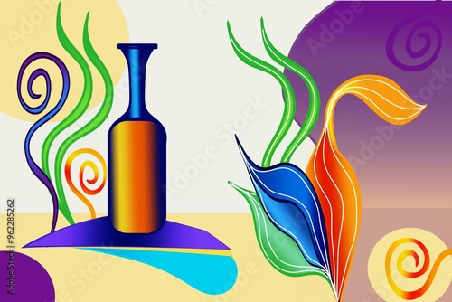 Decorative bottle on abstract background, color drawing, place for text