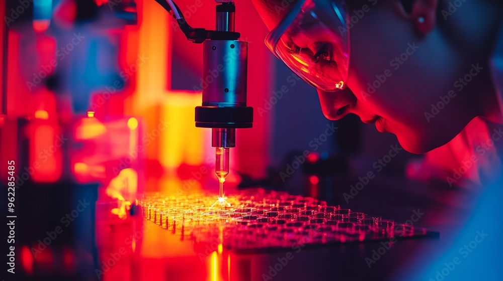 Scientist Using Microscope in Lab with Neon Lights Scientist Using Microscope in Lab with Neon Lights