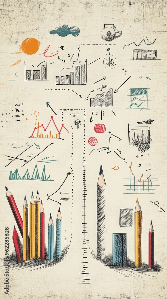 Fototapeta premium Hand-drawn business sketch with pencils and graphs depicting business strategy, financial planning, and growth.