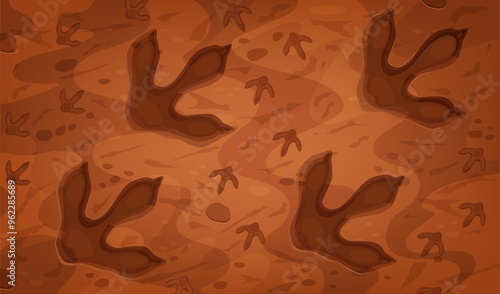 Dinosaur fossil footprints of prehistoric era. Cartoon vector background with ancient dino reptile animal paw prints, trail impression on ground. Jurassic era archaeological and paleontology finds