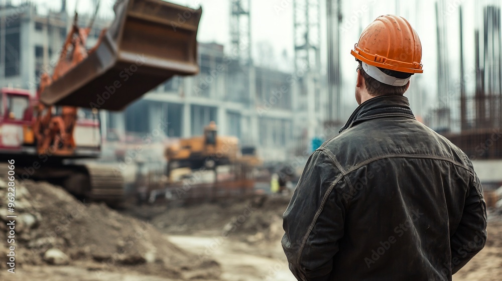 A construction worker in a hard hat operating a crane at a busy building site, copy space A construction worker in a hard hat operating a crane at a busy building site, copy space