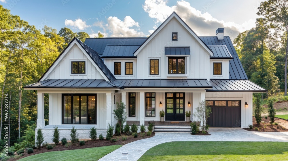 farmhouse architecture, a blend of classic and modern styles in this farmhouses exterior design, with white siding and dark accents for a timeless aesthetic farmhouse architecture, a blend of classic and modern styles in this farmhouses exterior design, with white siding and dark accents for a timeless aesthetic