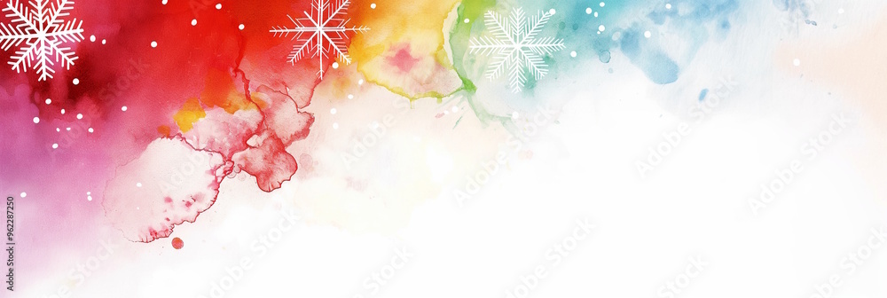 Obraz premium Abstract watercolor design with snowflakes and splashes of red, green, and blue, evoking winter magic and the holiday season. Perfect for Christmas-themed cards, invitations, or seasonal designs