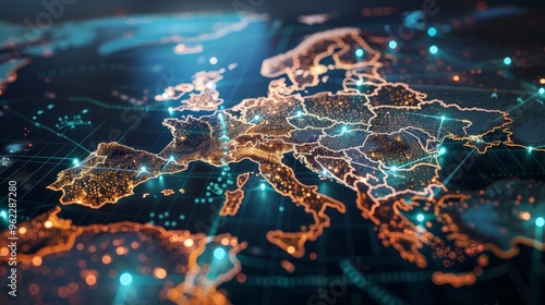 dynamic digital world map emphasize Western Europe continental for AI powered global network connectivity big data transfer cyber technology network information exchange and telecommunication conc 