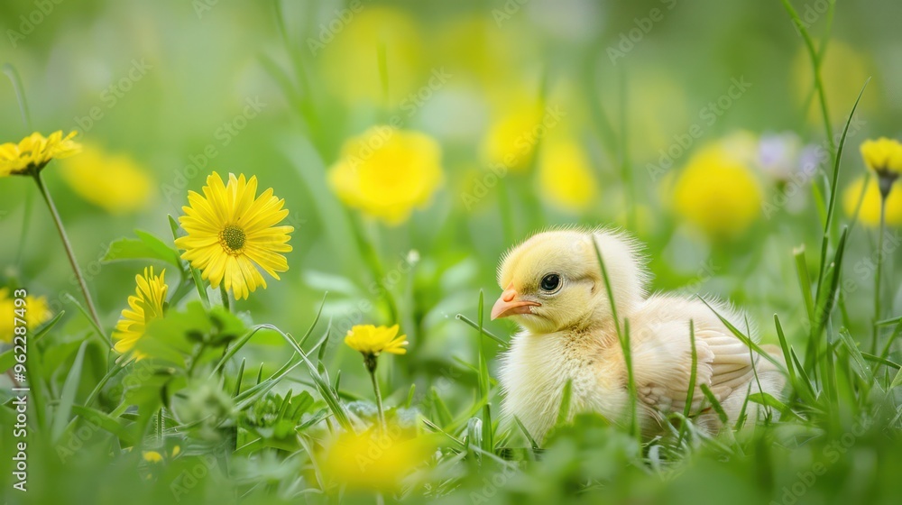 A Tiny Chick in a Field of Yellow Flowers A Tiny Chick in a Field of Yellow Flowers