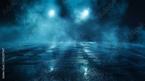 Dark street, wet asphalt, reflections of rays in the water. Abstract dark blue background, smoke, smog. Empty dark scene, neon light, spotlights. Concrete floor 