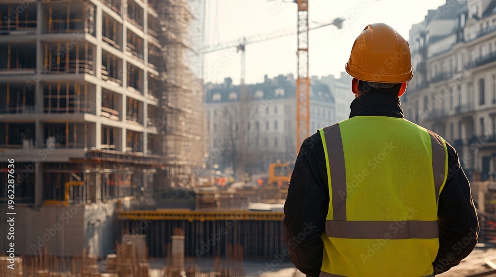 A construction worker in a hard hat operating a crane at a busy building site, copy space A construction worker in a hard hat operating a crane at a busy building site, copy space