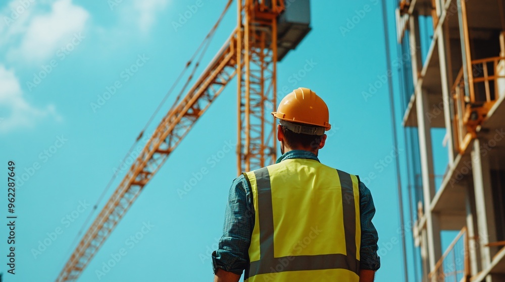 A construction worker in a hard hat operating a crane at a busy building site, copy space A construction worker in a hard hat operating a crane at a busy building site, copy space
