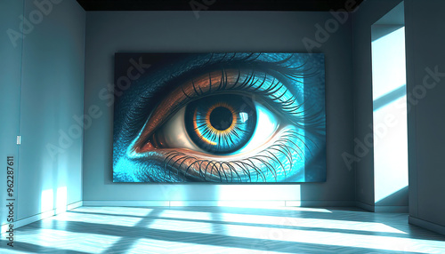 Une grande peinture détaillée représentant un oeil exposée dans une pièce minimaliste.