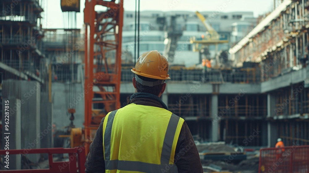 A construction worker in a hard hat operating a crane at a busy building site, copy space A construction worker in a hard hat operating a crane at a busy building site, copy space