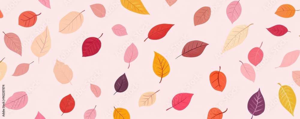 Autumn leaves pattern with vibrant colors on a pastel pink background, creating a warm and cozy seasonal theme Autumn leaves pattern with vibrant colors on a pastel pink background, creating a warm and cozy seasonal theme