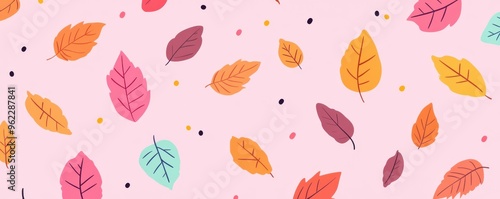 Autumn leaves pattern on a pastel pink background, featuring vibrant orange, red, and teal leaf illustrations scattered across the image