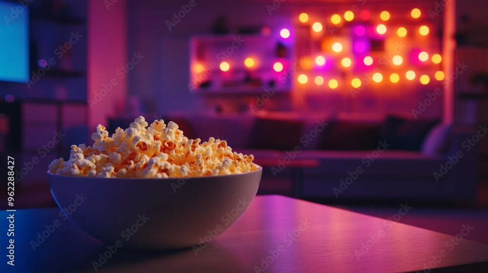 Focus on bowl of popcorn on table with neon illuminated home theater apartment in blurry background. Salty snack prepared for upcoming movie night in cozy RGB lit living room Focus on bowl of popcorn on table with neon illuminated home theater apartment in blurry background. Salty snack prepared for upcoming movie night in cozy RGB lit living room